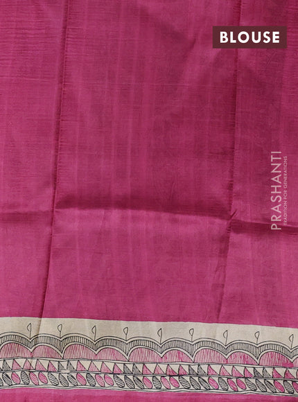 Madhubani printed silk saree dark pink and beige with butta prints and madhubani printed border