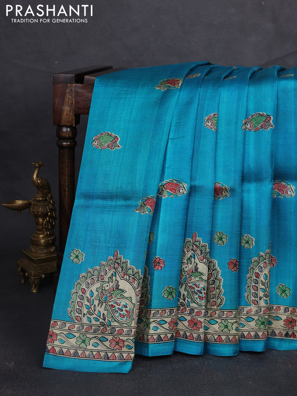 Madhubani printed silk saree cs blue and beige with allover butta prints and madhubani printed border