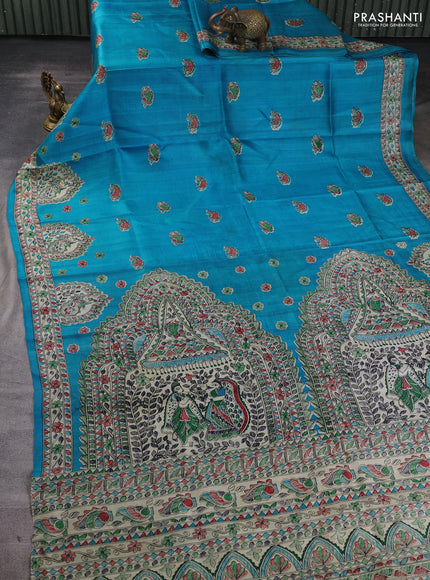Madhubani printed silk saree cs blue and beige with allover butta prints and madhubani printed border