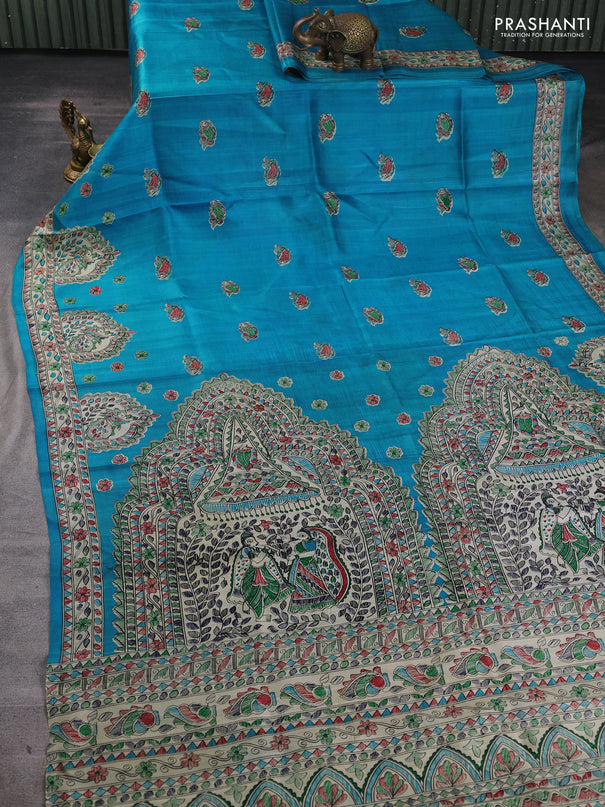 Madhubani printed silk saree cs blue and beige with allover butta prints and madhubani printed border