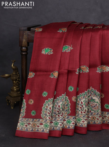 Madhubani printed silk saree maroon and beige with allover butta prints and madhubani printed border