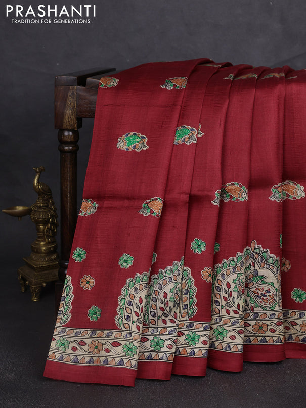 Madhubani printed silk saree maroon and beige with allover butta prints and madhubani printed border