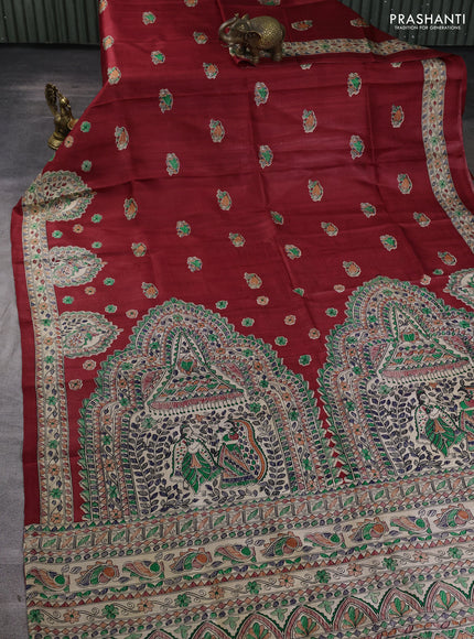Madhubani printed silk saree maroon and beige with allover butta prints and madhubani printed border