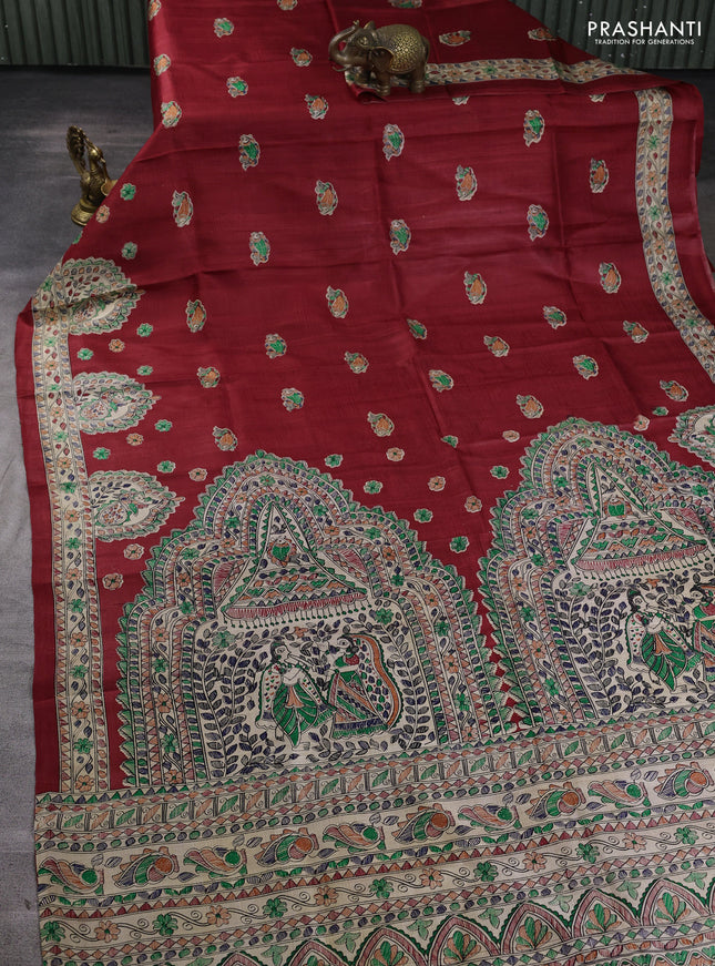 Madhubani printed silk saree maroon and beige with allover butta prints and madhubani printed border
