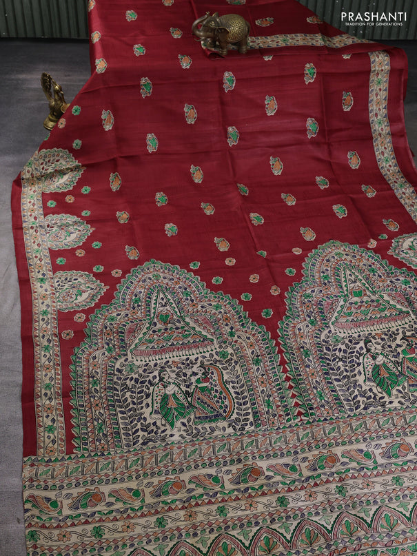 Madhubani printed silk saree maroon and beige with allover butta prints and madhubani printed border