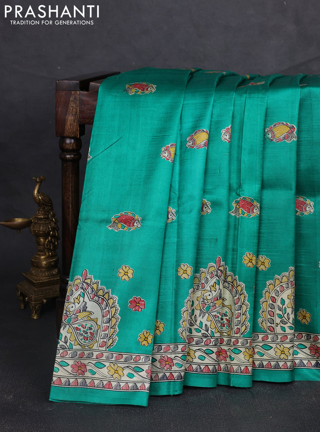 Madhubani printed silk saree teal green and beige with allover butta prints and madhubani printed border