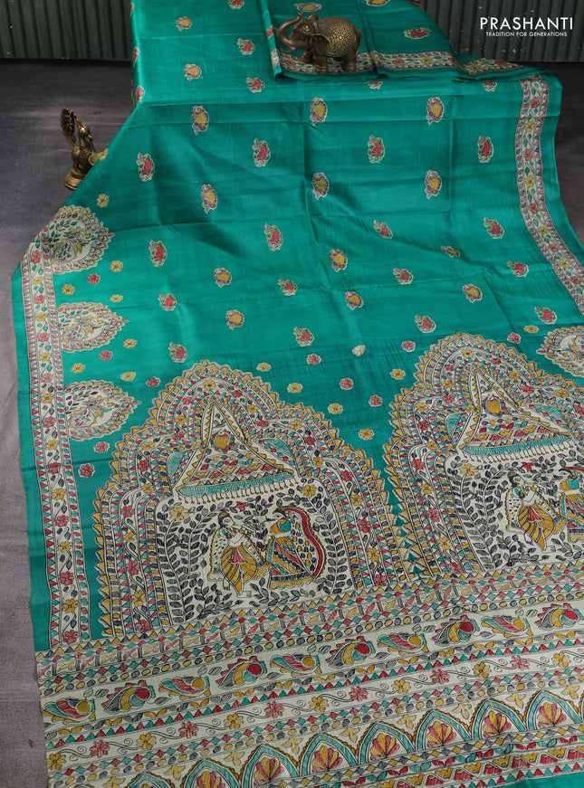 Madhubani printed silk saree teal green and beige with allover butta prints and madhubani printed border