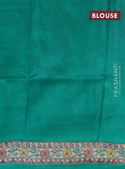 Madhubani printed silk saree teal green and beige with allover butta prints and madhubani printed border