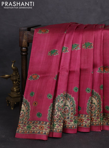 Madhubani printed silk saree dark pink and beige with allover butta prints and madhubani printed border