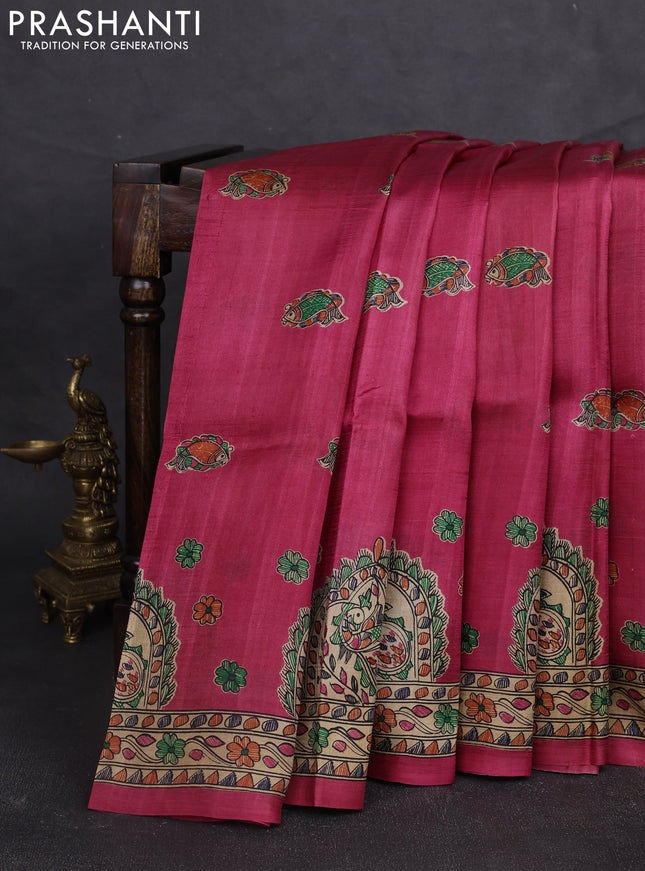 Madhubani printed silk saree dark pink and beige with allover butta prints and madhubani printed border