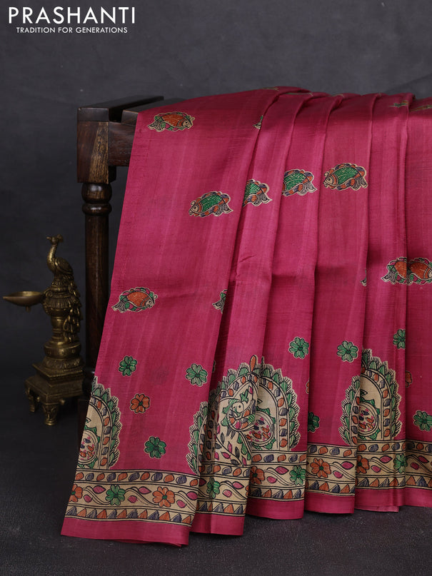 Madhubani printed silk saree dark pink and beige with allover butta prints and madhubani printed border