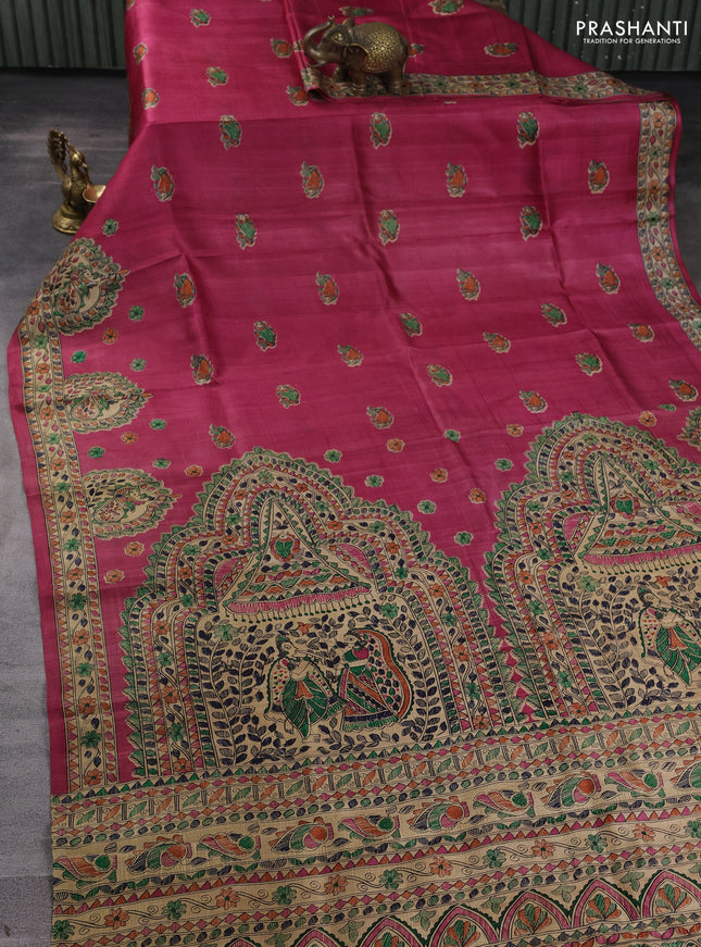 Madhubani printed silk saree dark pink and beige with allover butta prints and madhubani printed border