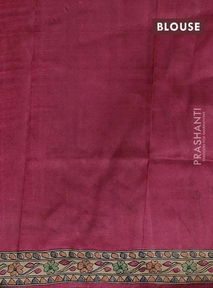 Madhubani printed silk saree dark pink and beige with allover butta prints and madhubani printed border