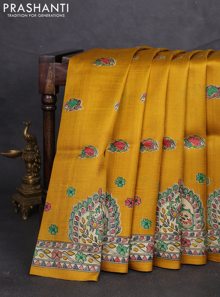 Madhubani printed silk saree mustard yellow and beige with allover butta prints and madhubani printed border