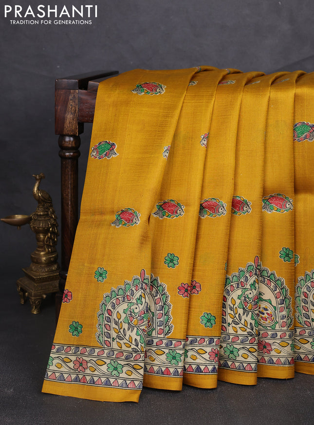 Madhubani printed silk saree mustard yellow and beige with allover butta prints and madhubani printed border