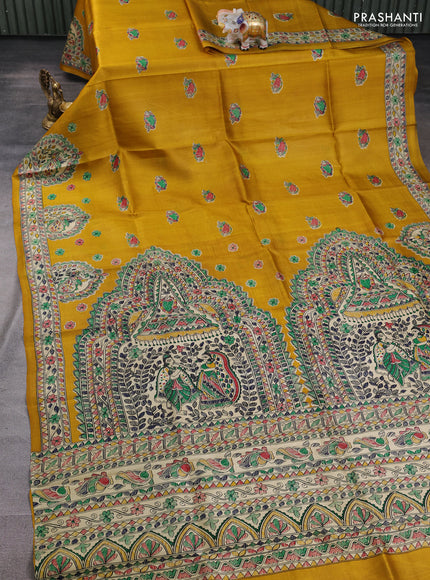 Madhubani printed silk saree mustard yellow and beige with allover butta prints and madhubani printed border