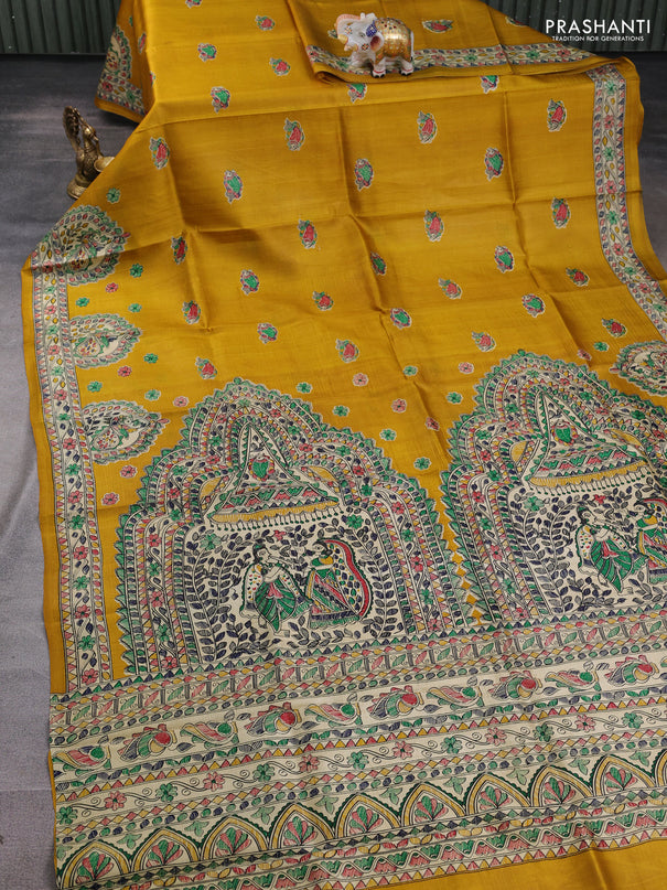 Madhubani printed silk saree mustard yellow and beige with allover butta prints and madhubani printed border
