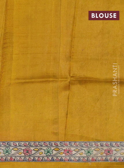 Madhubani printed silk saree mustard yellow and beige with allover butta prints and madhubani printed border