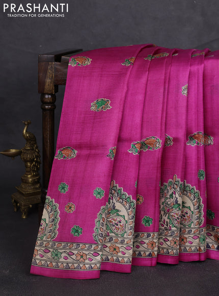 Madhubani printed silk saree pink and beige with allover butta prints and madhubani printed border