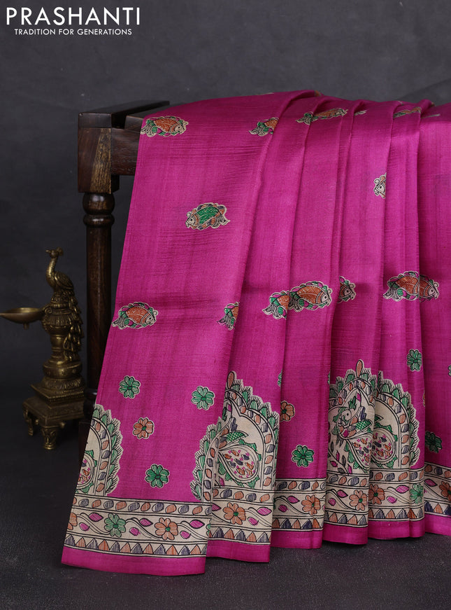Madhubani printed silk saree pink and beige with allover butta prints and madhubani printed border