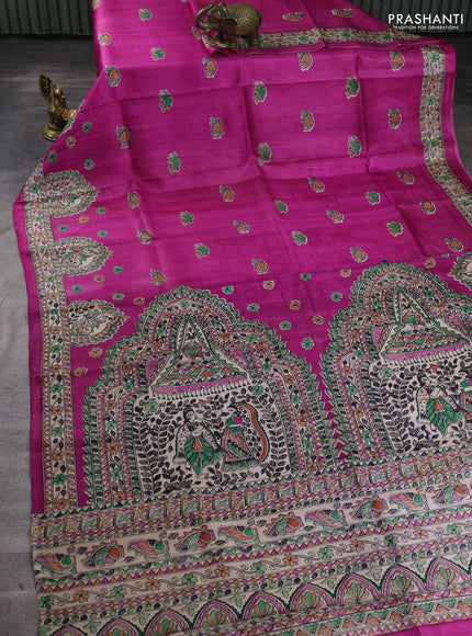 Madhubani printed silk saree pink and beige with allover butta prints and madhubani printed border