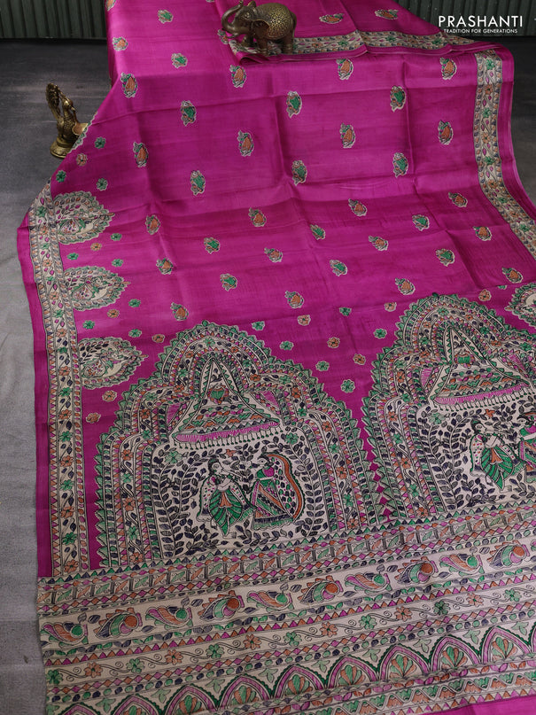 Madhubani printed silk saree pink and beige with allover butta prints and madhubani printed border