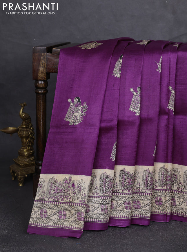 Madhubani printed silk saree purple and beige with butta prints and madhubani printed border