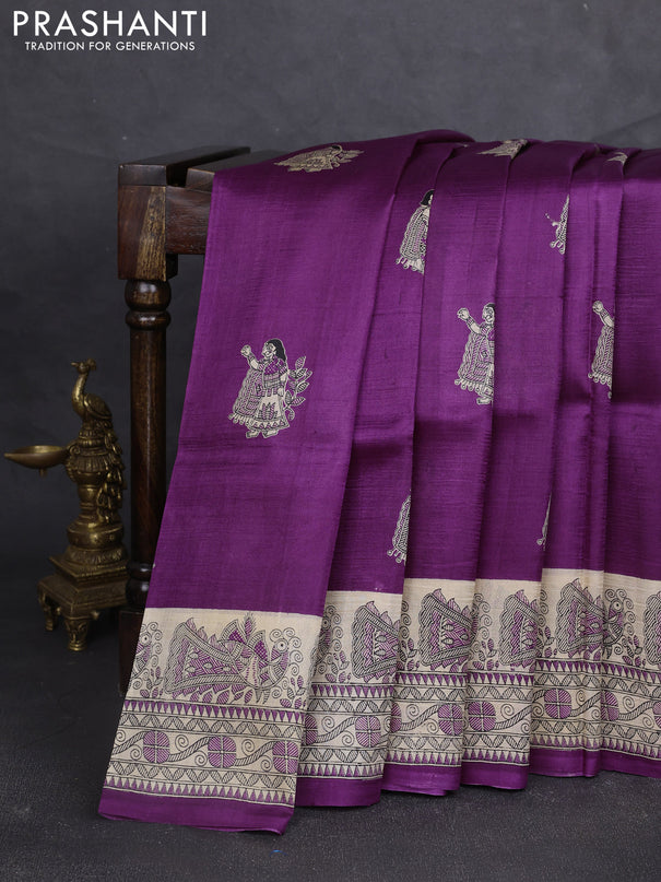 Madhubani printed silk saree purple and beige with butta prints and madhubani printed border