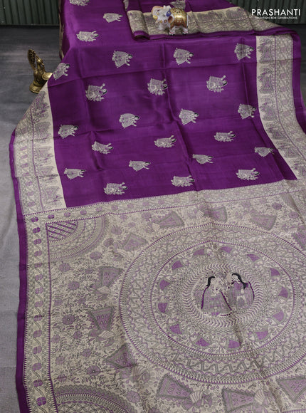 Madhubani printed silk saree purple and beige with butta prints and madhubani printed border
