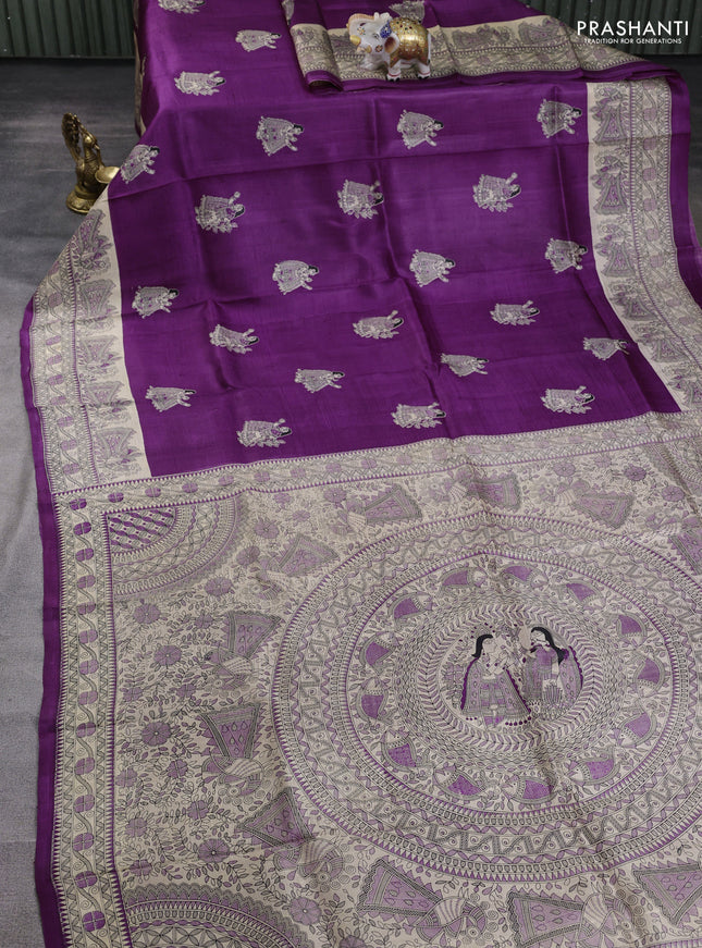 Madhubani printed silk saree purple and beige with butta prints and madhubani printed border