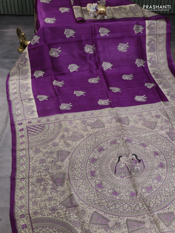 Madhubani printed silk saree purple and beige with butta prints and madhubani printed border