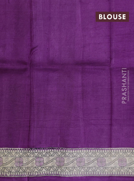 Madhubani printed silk saree purple and beige with butta prints and madhubani printed border