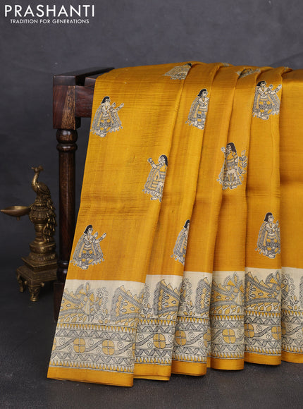 Madhubani printed silk saree mustard yellow and beige with butta prints and madhubani printed border