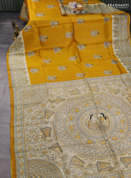 Madhubani printed silk saree mustard yellow and beige with butta prints and madhubani printed border
