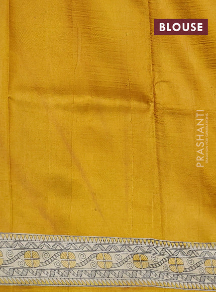 Madhubani printed silk saree mustard yellow and beige with butta prints and madhubani printed border