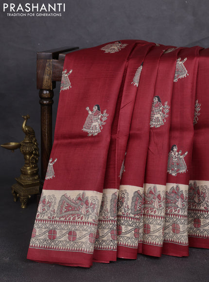 Madhubani printed silk saree maroon and beige with butta prints and madhubani printed border