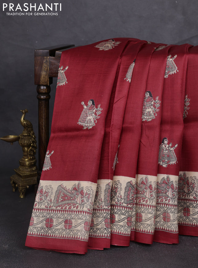 Madhubani printed silk saree maroon and beige with butta prints and madhubani printed border