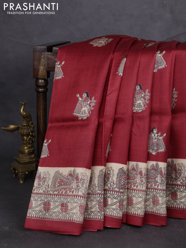Madhubani printed silk saree maroon and beige with butta prints and madhubani printed border