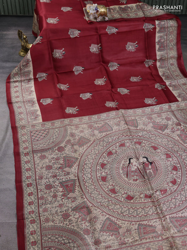 Madhubani printed silk saree maroon and beige with butta prints and madhubani printed border