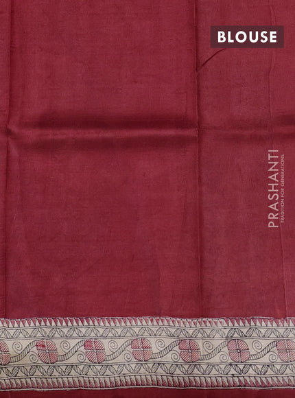 Madhubani printed silk saree maroon and beige with butta prints and madhubani printed border