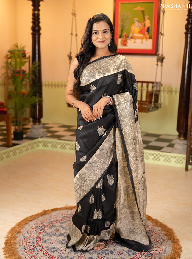 Madhubani printed silk saree black and beige with butta prints and madhubani printed border
