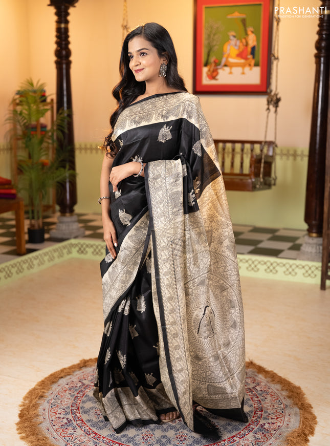 Madhubani printed silk saree black and beige with butta prints and madhubani printed border