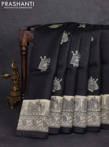 Madhubani printed silk saree black and beige with butta prints and madhubani printed border
