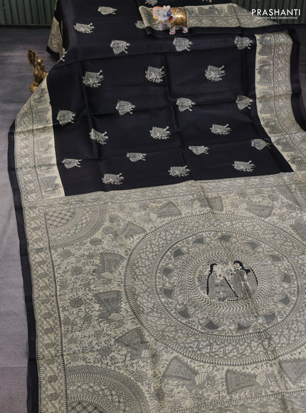 Madhubani printed silk saree black and beige with butta prints and madhubani printed border