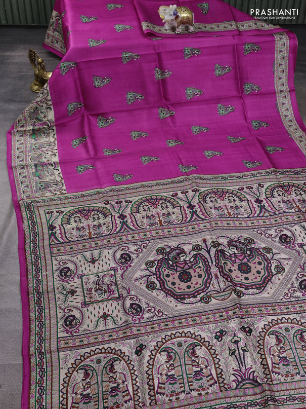 Madhubani printed silk saree pink and beige with butta prints and madhubani printed border