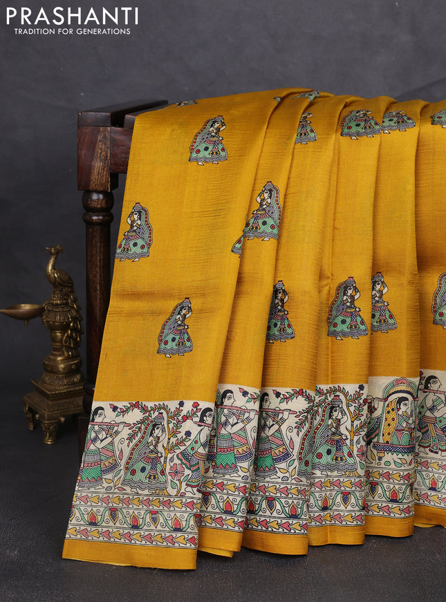 Madhubani printed silk saree mustard yellow and beige with butta prints and madhubani printed border