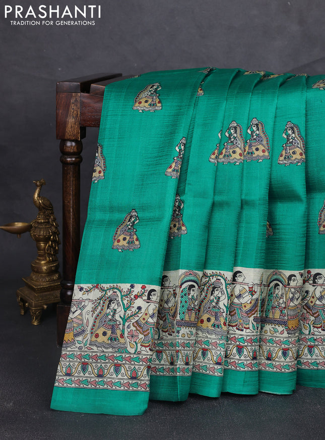 Madhubani printed silk saree teal green and beige with butta prints and madhubani printed border