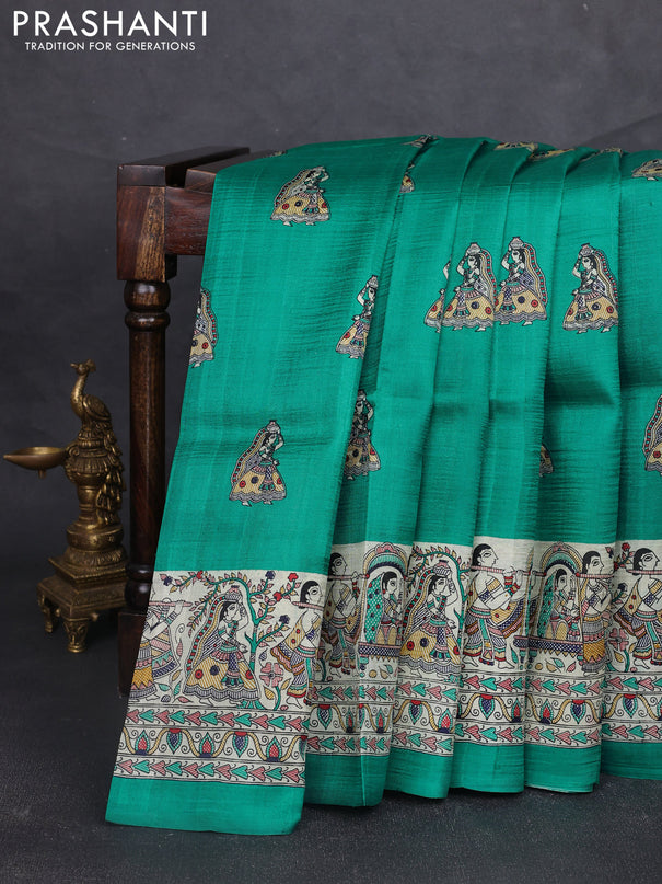 Madhubani printed silk saree teal green and beige with butta prints and madhubani printed border