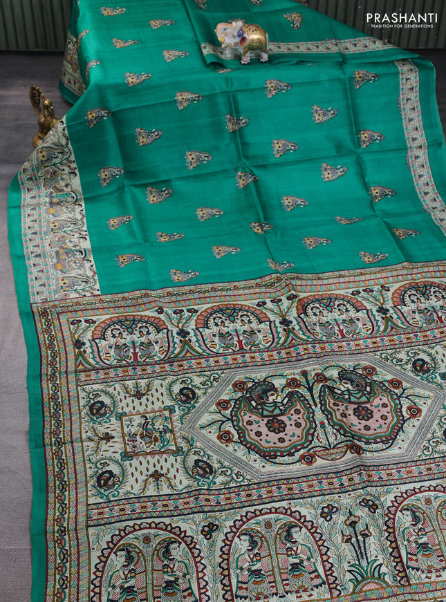 Madhubani printed silk saree teal green and beige with butta prints and madhubani printed border