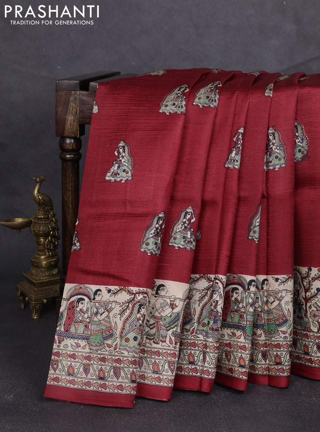 Madhubani printed silk saree maroon and beige with butta prints and madhubani printed border